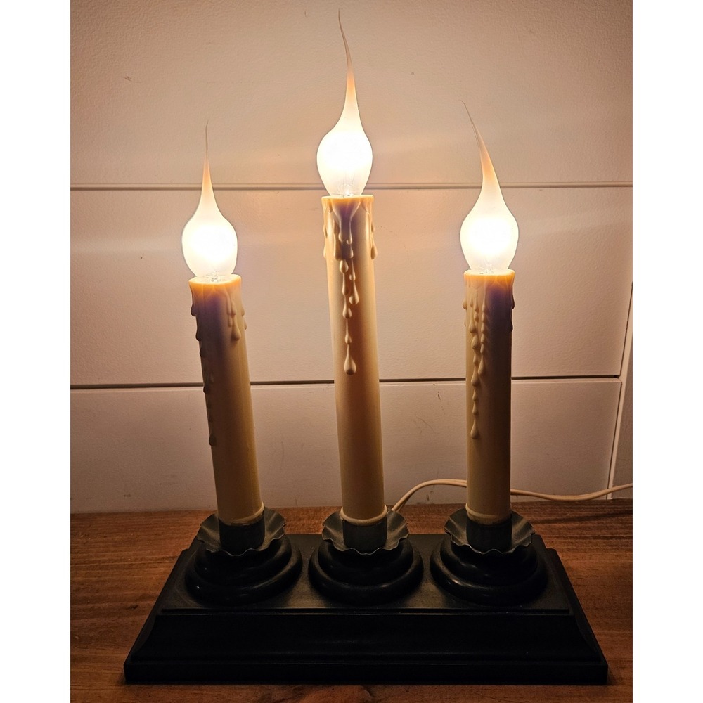 Vintage 3 Light Electric Window Candle Lamp Faux Drip Wax Black Base Table Decor